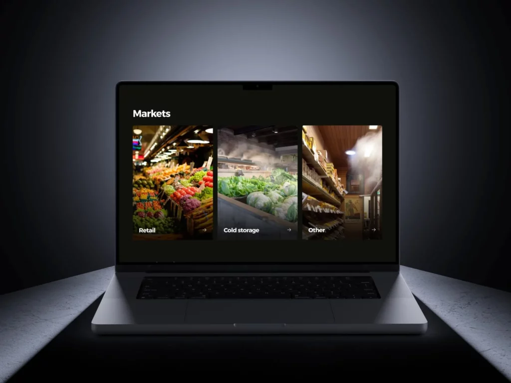 Laptop scherm met drie secties: Retail kleurrijke groentemarkt, Cold storage koele opslag, Other producten op planken.