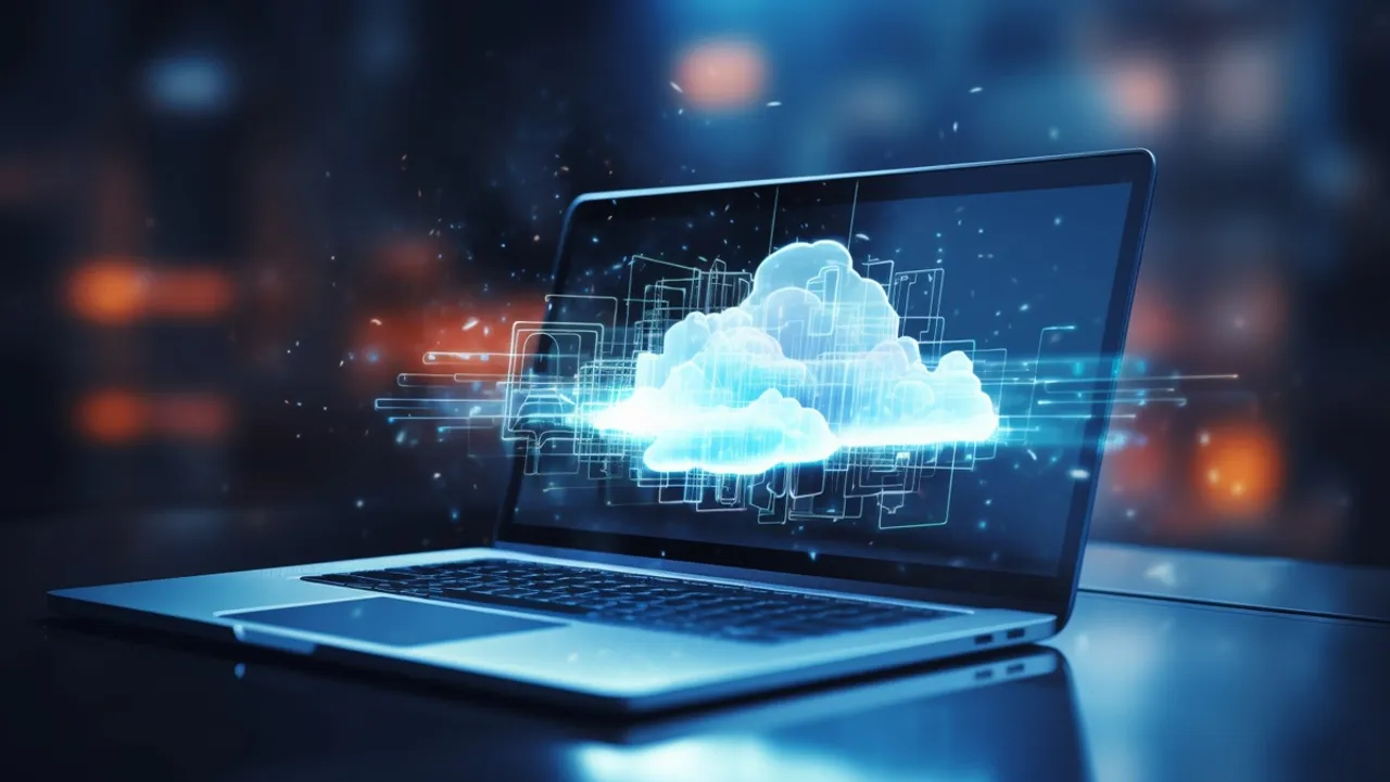 Laptop met scherm waarop een digitale wolk zweeft, omgeven door futuristische lijnen en patronen