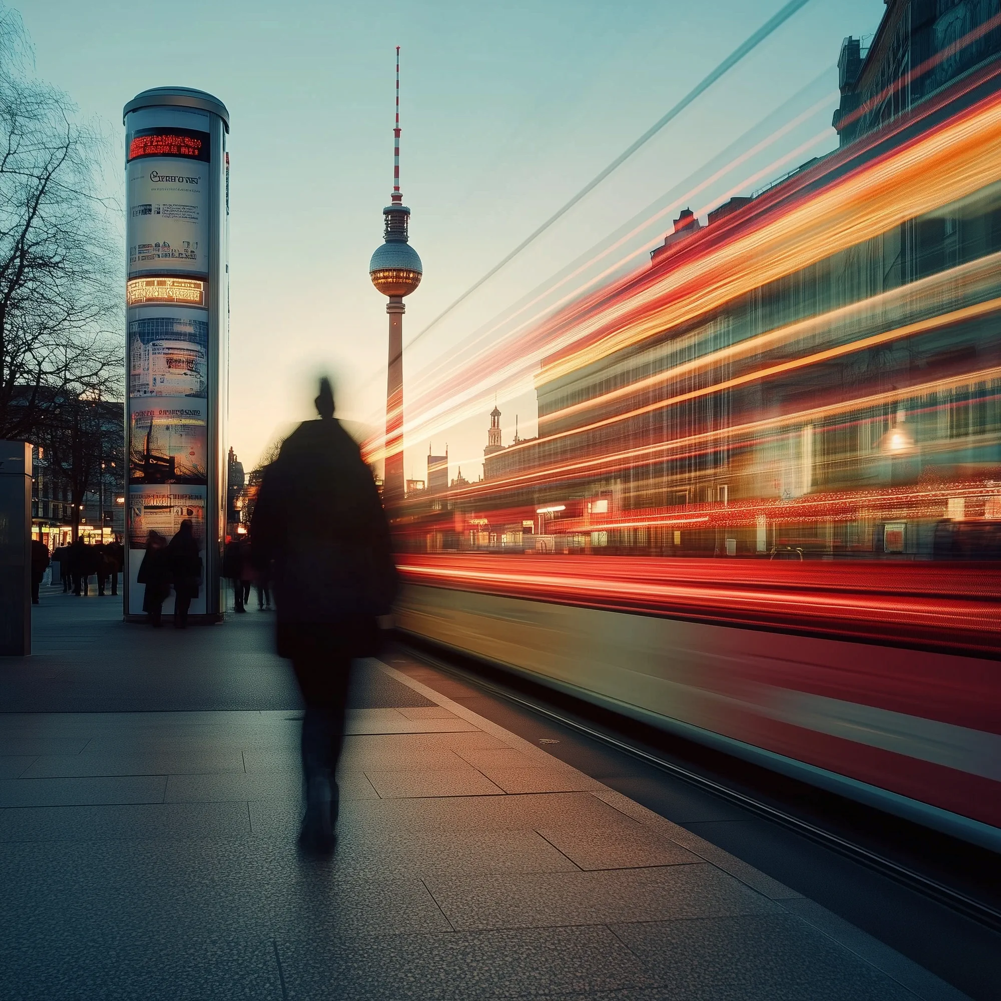 Persoon loopt langs drukke straat met Berlijnse televisietoren en lichtstrepen in schemering