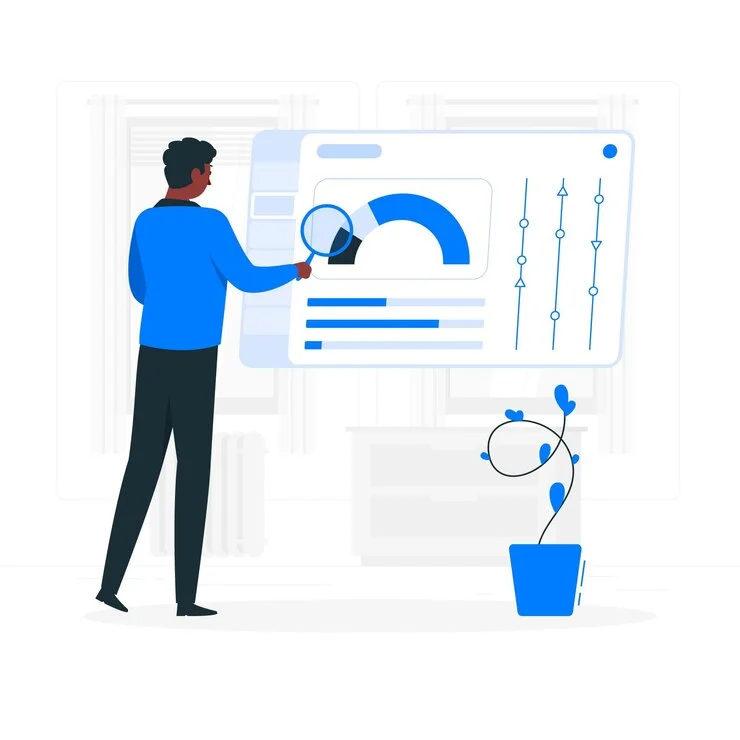 Persoon in blauwe trui met vergrootglas kijkt naar digitaal dashboard met grafieken en meetinstrumenten