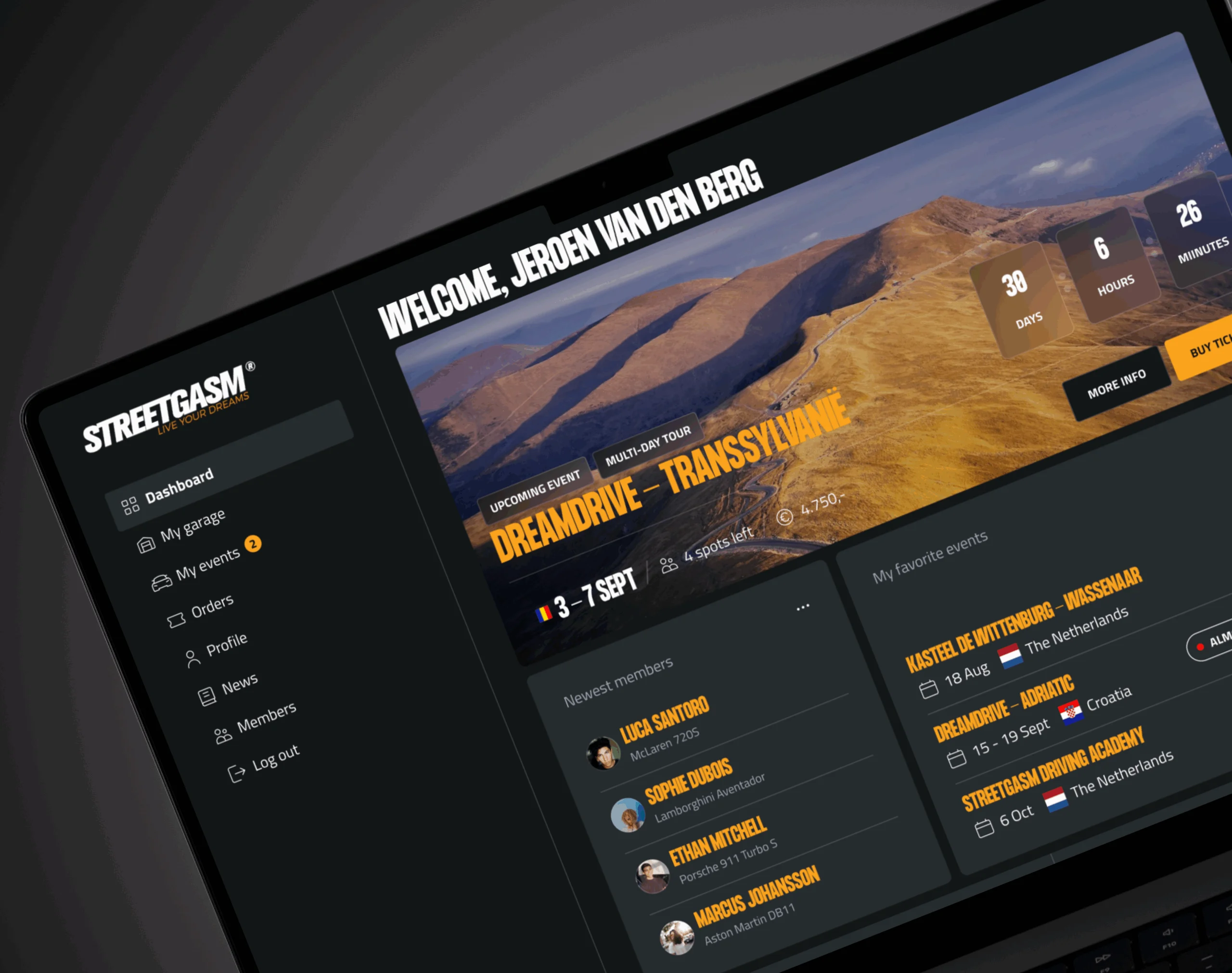 Digitale interface van Streetgasm app met evenementen, menu, en ledenlijst op donkere achtergrond.