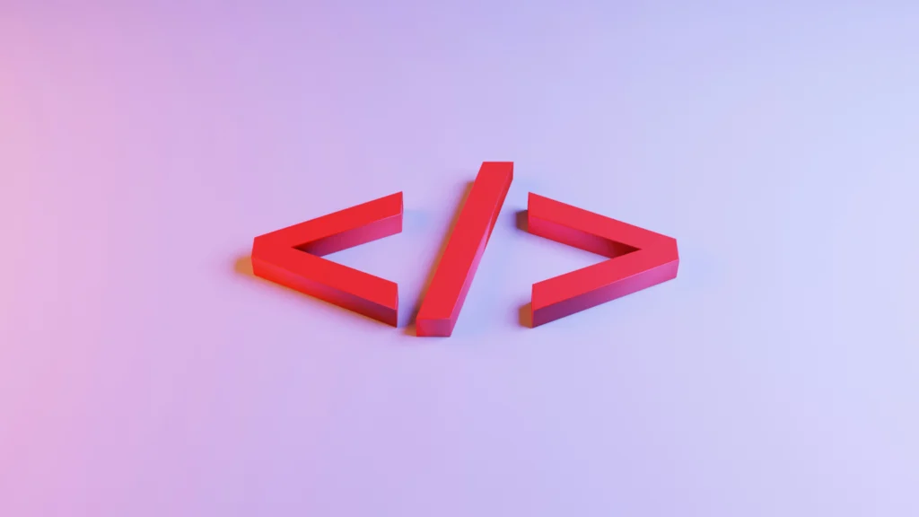 Minimalistisch ontwerp met zachte paarse achtergrond en rode 3D-symbolen van HTML-tags in het midden